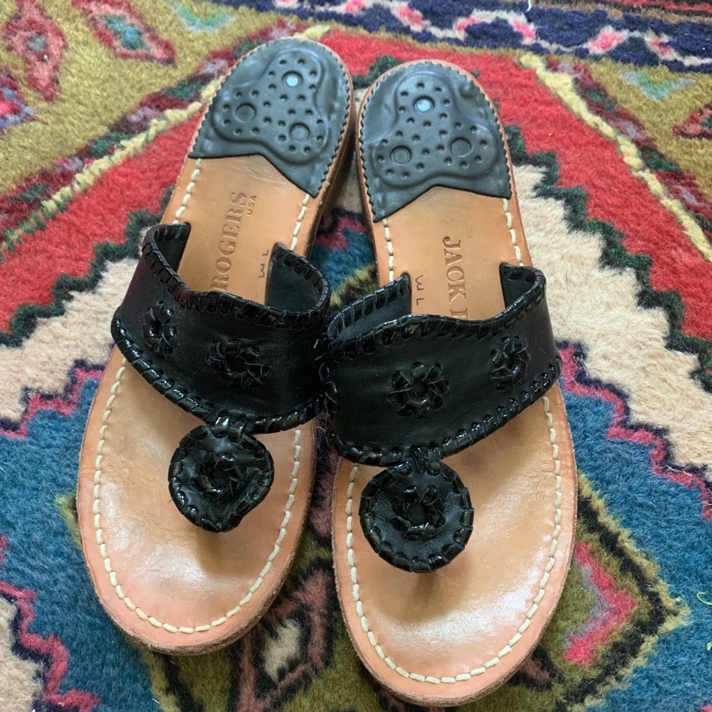 Jack Rogers black flat sandal with patent trim